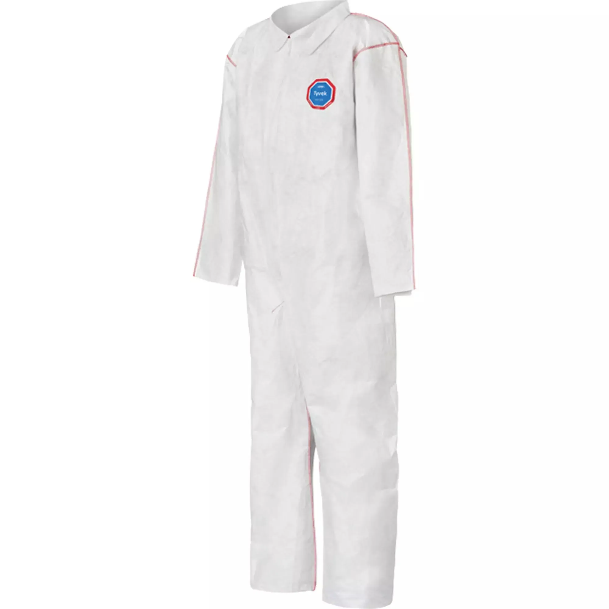 Coveralls - DuPont Tyvek® 400 SFR Collar, Open Wrists & Ankles, Relaxed Fit, Storm Flap, Red Zipper, Red External Serged Seams, White (Case of 25) ST120