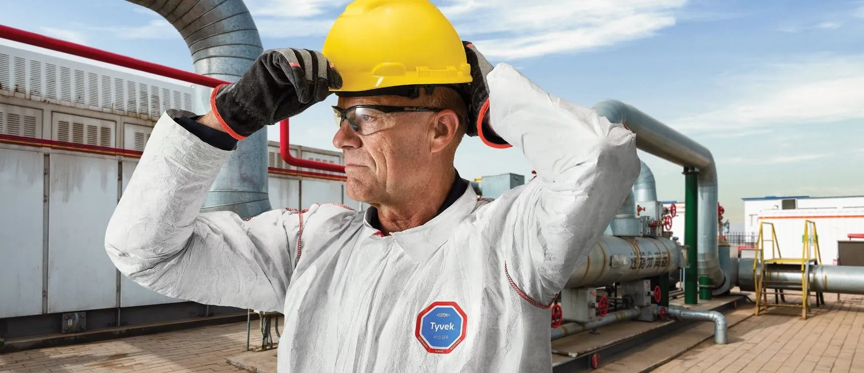 Coveralls - DuPont Tyvek® 400 SFR Collar, Open Wrists & Ankles, Relaxed Fit, Storm Flap, Red Zipper, Red External Serged Seams, White (Case of 25) ST120
