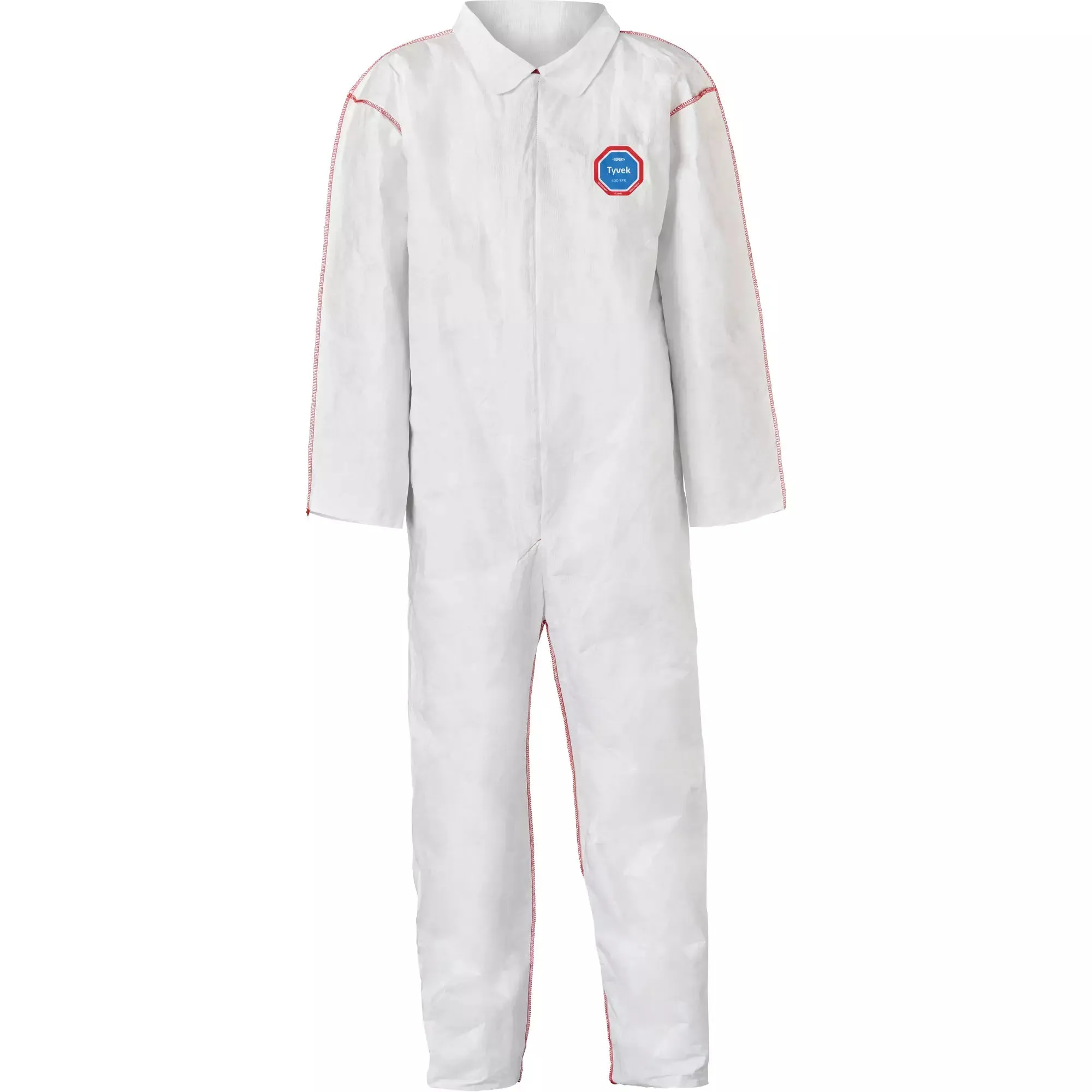 Coveralls - DuPont Tyvek® 400 SFR Collar, Open Wrists & Ankles, Relaxed Fit, Storm Flap, Red Zipper, Red External Serged Seams, White (Case of 25) ST120