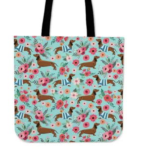 Dachshund Flower Linen Tote Bag
