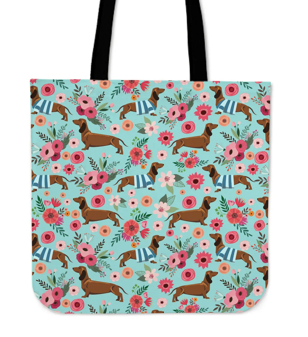 Dachshund Flower Linen Tote Bag