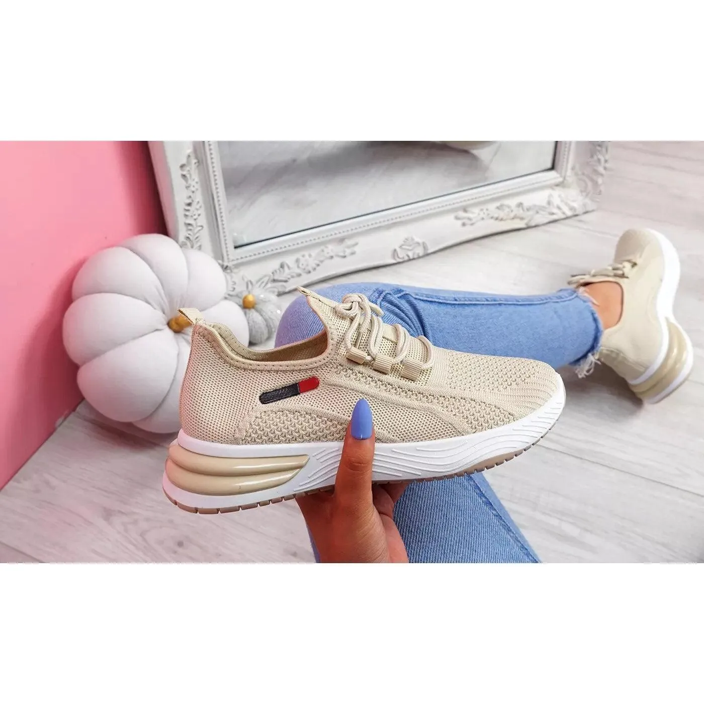 Women's Beige Sport Chunky Heel Slip-On Trainers