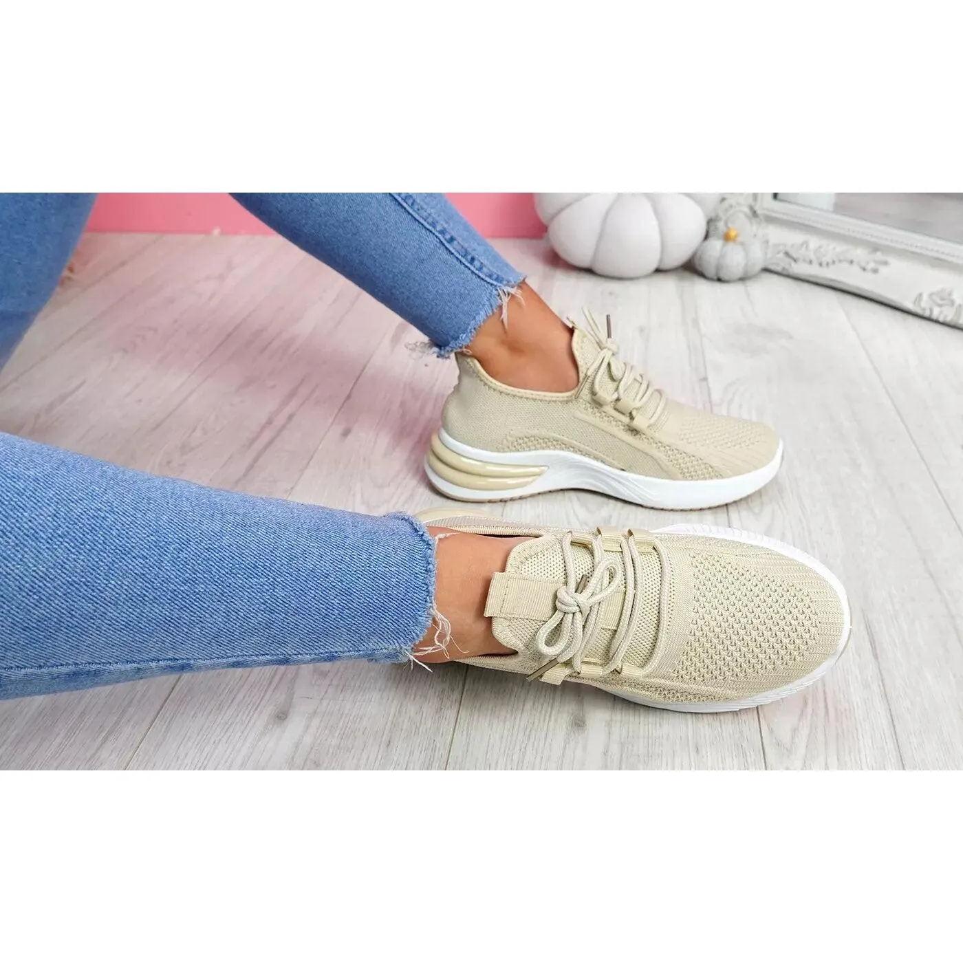 Women's Beige Sport Chunky Heel Slip-On Trainers